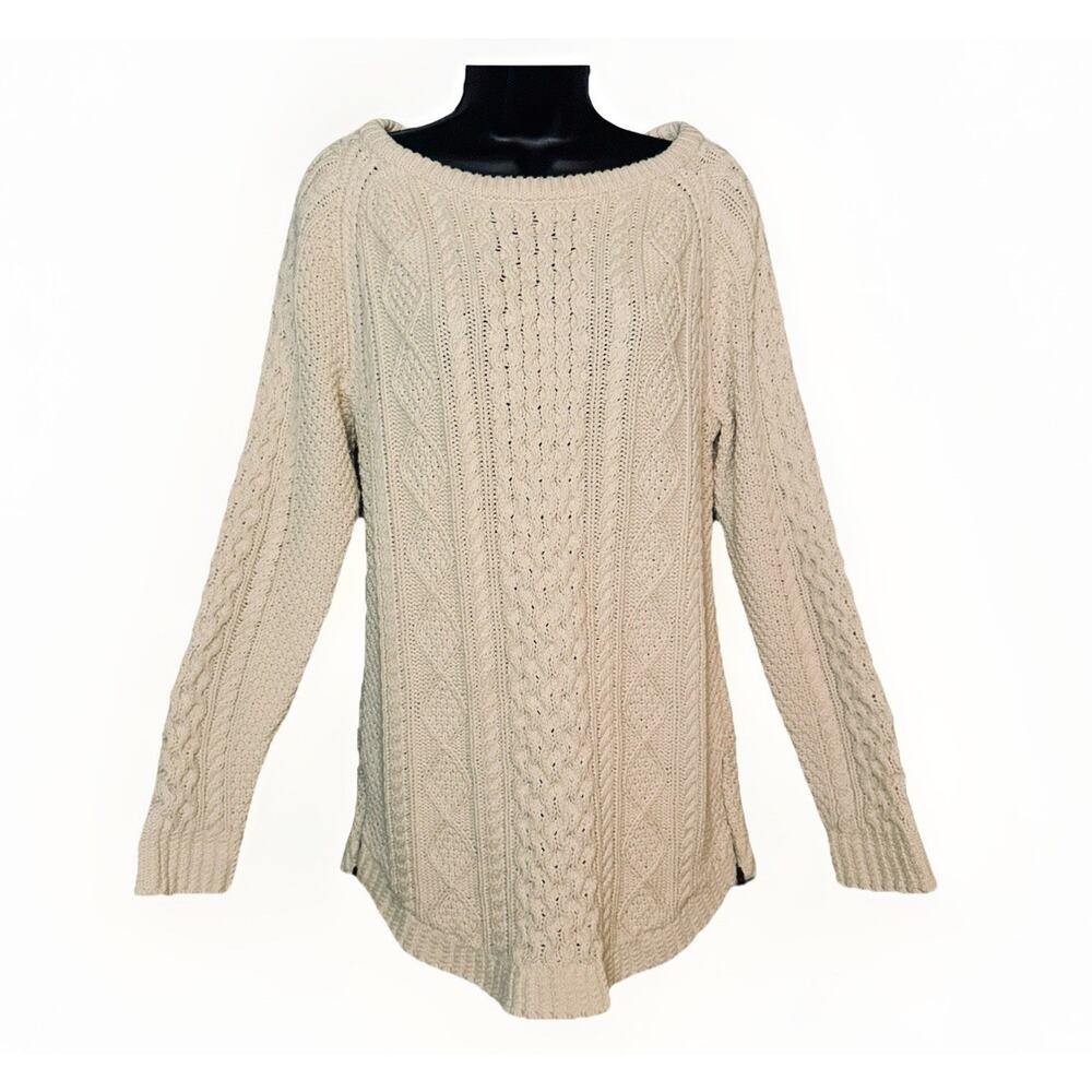 L.L. Bean Signature MED Ivory Sweater Chunky Cable Knit Long‎ Fisherman Side Zip